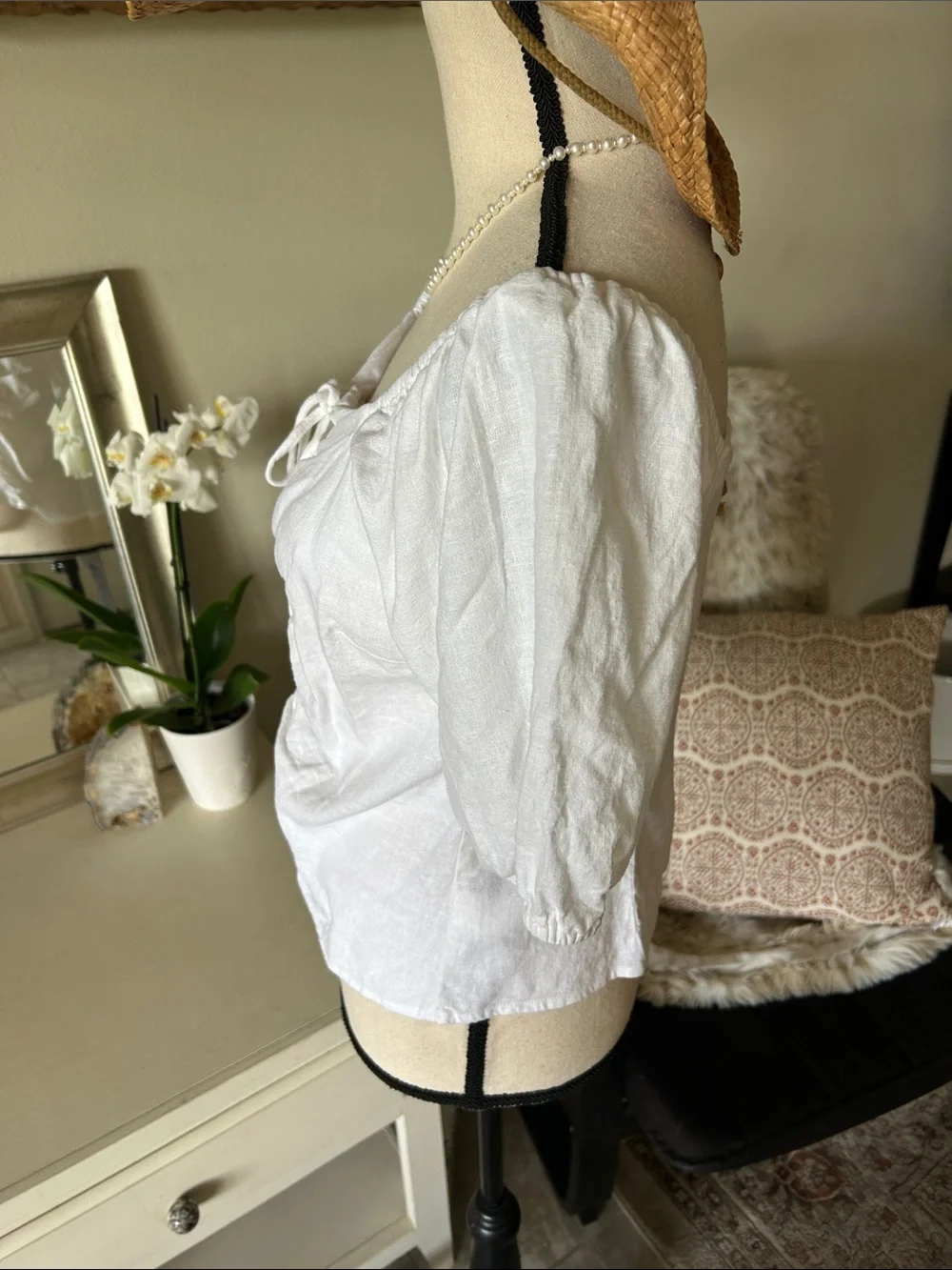 Michael Kors Women white Linen Puff Sleeve cottage western Blouse Top S